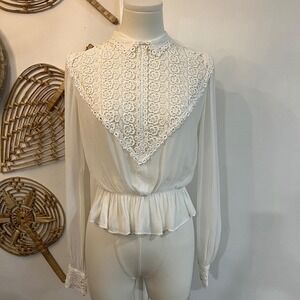 Vintage St Michael Lace Bib Sheer Blouse Romantic Cottagecore Victorian M